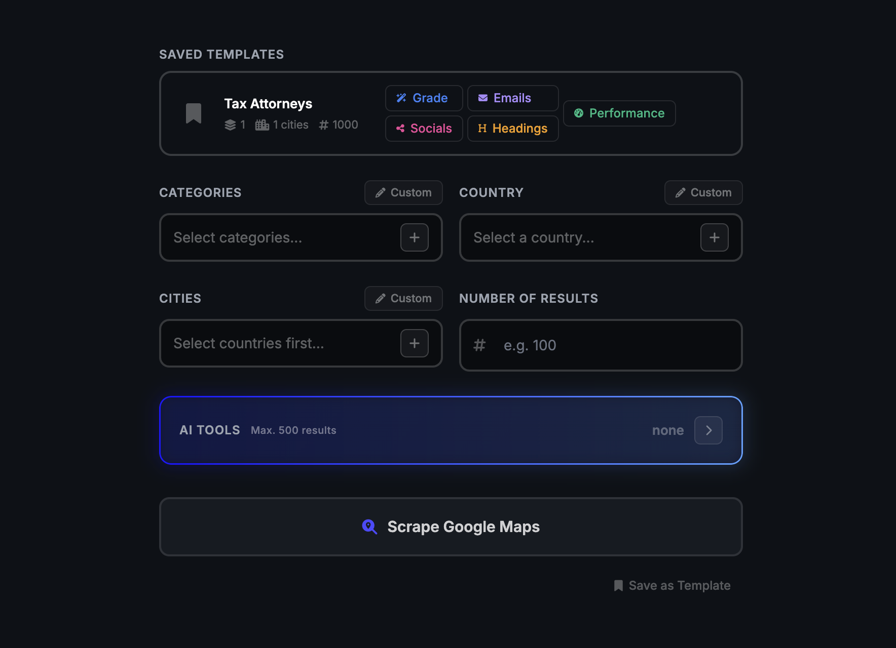 Scrapet dashboard interface showing category selection, city picker, and AI scraping tools for Google Maps lead extraction